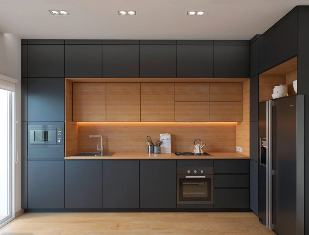 Cuisine moderne mate élégante avec armoires gris anthracite et éléments muraux en bois clair, agencement fonctionnel.